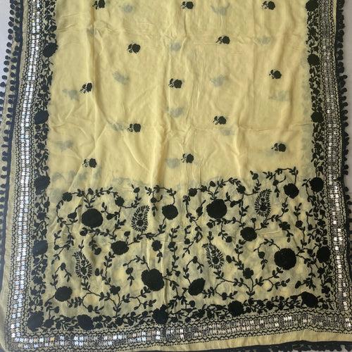 Chiffon Hand Embroidered Dupatta - Beige With Black Threadwork