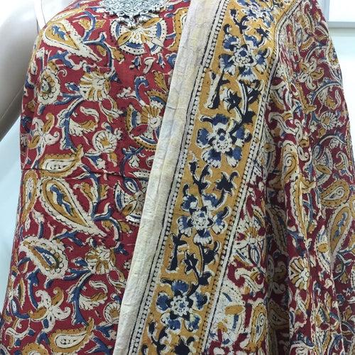 Cotton hand block Kalamkari kurta fabric and dupatta - Design 1