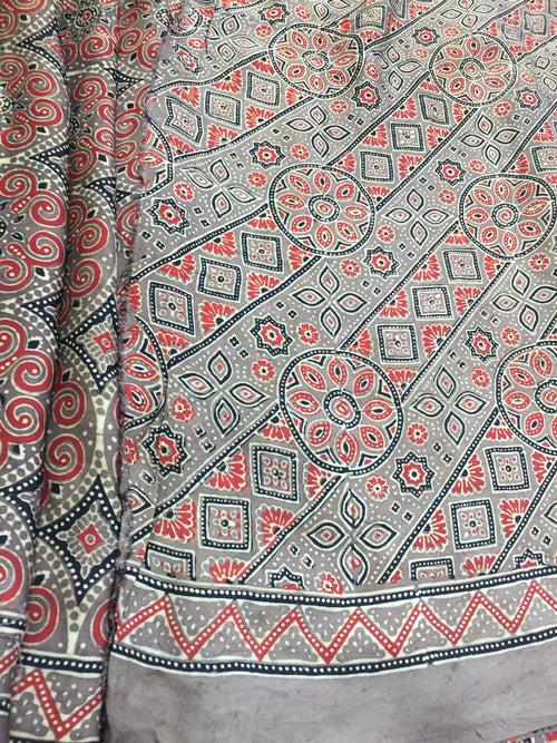 Modal Silk Ajrakh Saree - Brown 01