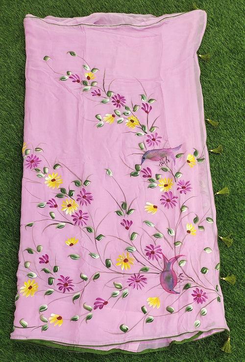 Georgette Hand-Painted Saree - Robin - Light Pink