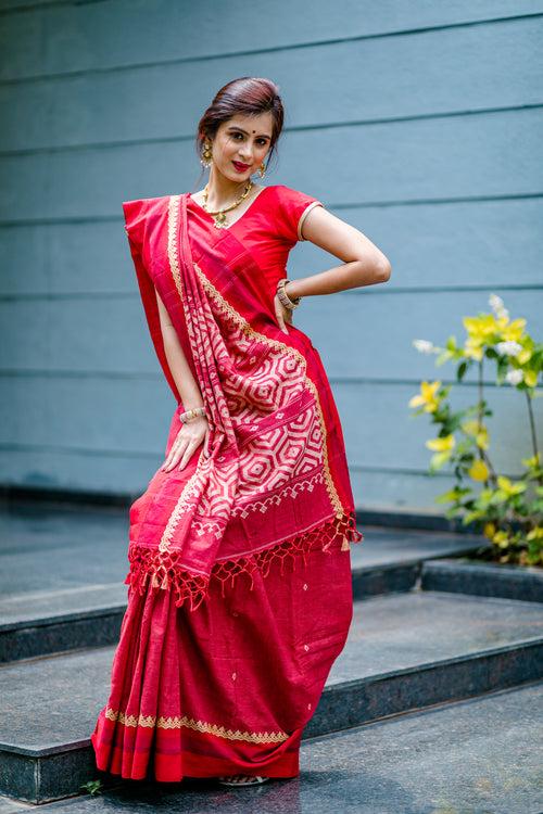 Handloom Cotton Jamdani Handwoven Saree - Brick Red