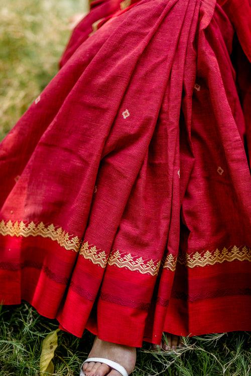 Handloom Cotton Jamdani Handwoven Saree - Brick Red