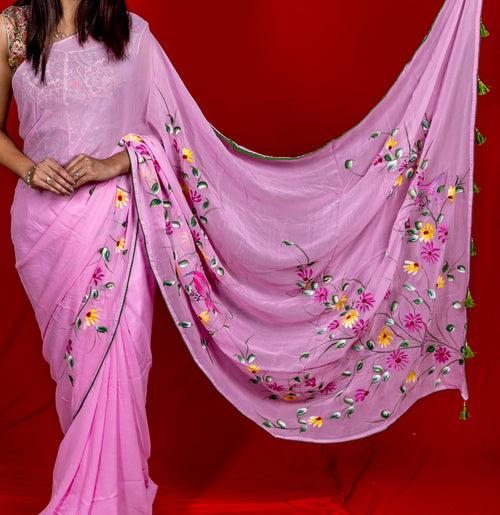 Georgette Hand-Painted Saree - Robin - Light Pink