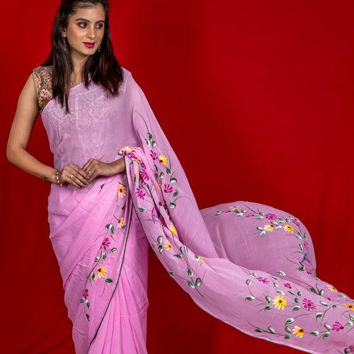 Georgette Hand-Painted Saree - Robin - Light Pink