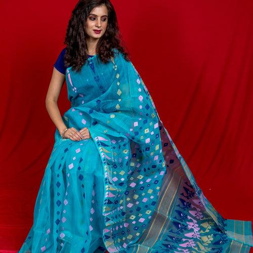 Tant Cotton Jamdani Woven Saree - Blue