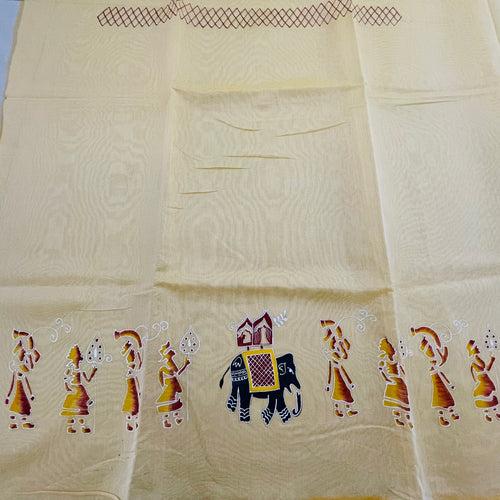 Unstitched Handpainted Chanderi Cotton Kurta Fabric - Light Yellow