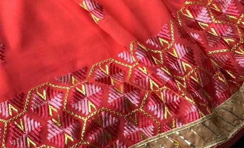 Phulkari Saree Traditional Jaal Embroidery Georgette - Peach pink