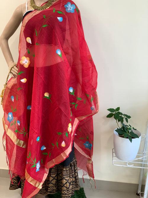 Cotton Silk Hand-painted Dupatta - Floral Border