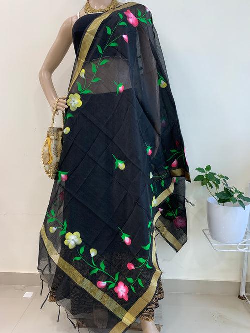 Cotton Silk Hand-painted Dupatta - Floral Border