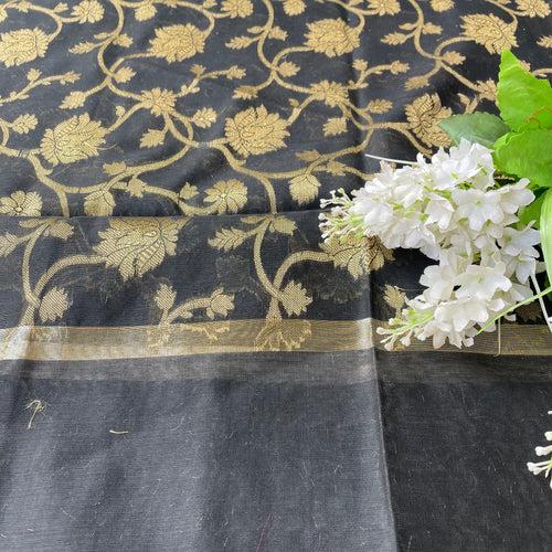 Banarasi Cotton Silk With Floral Pattern Jaal Dupatta- Black