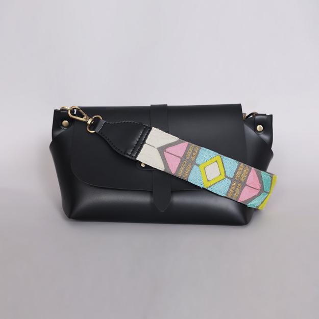 GREY ABSTRACT STRAP SLING BAG- BLACK (WITH EMBROIDERED HANDLE)