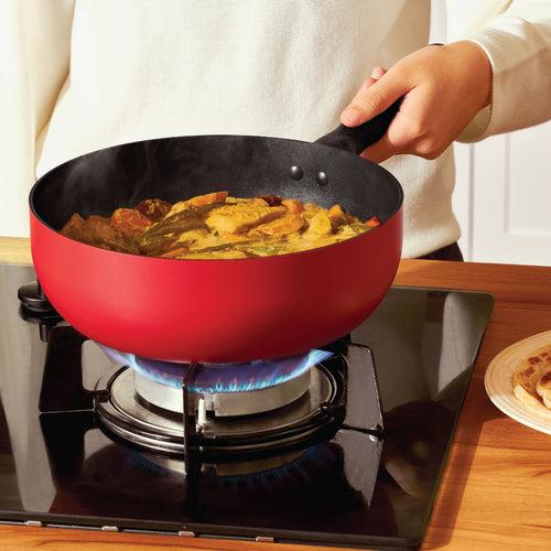 Meyer Bauhaus 2 pcs set (Aluminium Non Stick Saucier, 24Cm/3.3L + Nonstick Casserole , 5.2 Litre, 24Cm ), With Interchangeable Lid, Red