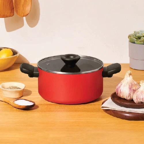 Meyer Bauhaus 2 pcs set (Aluminium Non Stick Saucier, 24Cm/3.3L + Nonstick Casserole , 5.2 Litre, 24Cm ), With Interchangeable Lid, Red