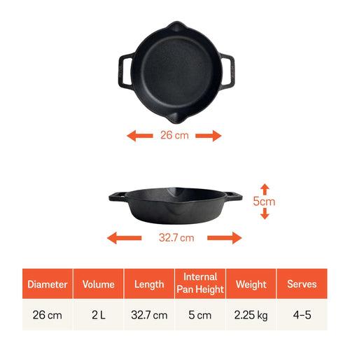 Meyer Pre- Seasoned Cast Iron 3 Piece Cookware Set - 26cm Skillet + 26cm Kadai with Interchangeable Lid, Black