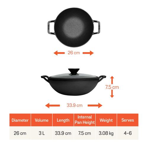 Meyer Pre- Seasoned Cast Iron 3 Piece Cookware Set - 26cm Skillet + 26cm Kadai with Interchangeable Lid, Black