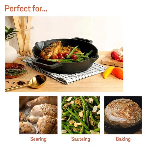 Meyer Pre- Seasoned Cast Iron 3 Piece Cookware Set - 26cm Skillet + 26cm Kadai with Interchangeable Lid, Black