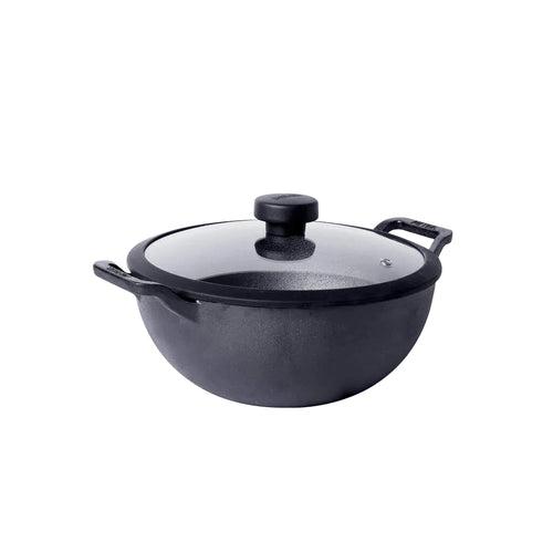 Meyer Pre Seasoned Cast Iron Deep Kadai/Wok with Glass Lid , 20cm