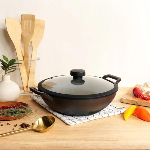 Meyer Pre Seasoned Cast Iron shallow Kadai With Glass Lid ,20cm