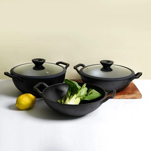 Meyer Pre Seasoned Cast Iron Deep Kadai/Wok with Glass Lid , 24cm