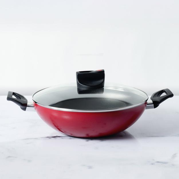 Meyer Safecook Non-Stick Kadai/Wok with Lid, Red, 30cm