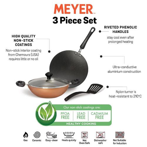 Meyer Non-Stick 4pcs Cookware Set (Kadai + Curved Roti/Chappati Tawa + Nylon Turner)