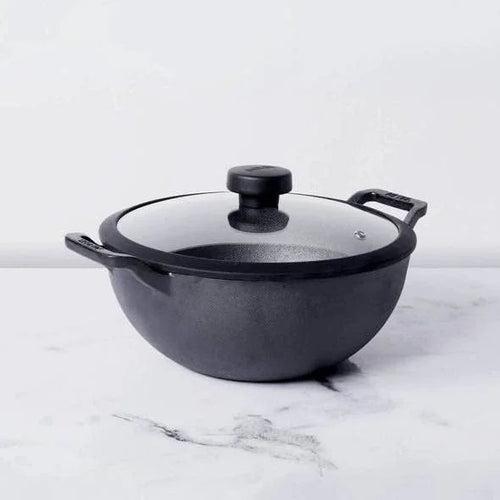 Meyer Pre Seasoned Cast Iron Deep Kadai/Wok with Glass Lid , 24cm