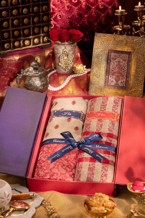 Pashtush His And Her Gift Set Of Fine Wool Embroidery Stole and Checkerd Stole With Premium Gift Box Packaging, Beige and Red