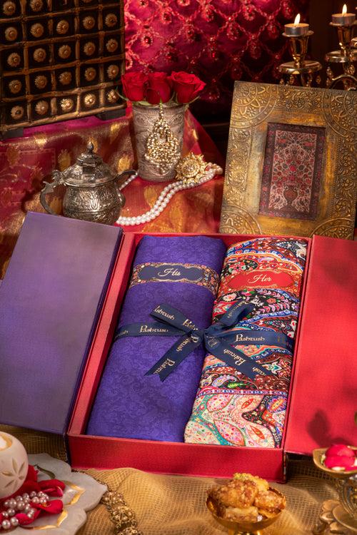 Pashtush His And Her Gift Set Of Fine Wool Self Stole and Bamboo Stole With Premium Gift Box Packaging, Violet and Multicolour
