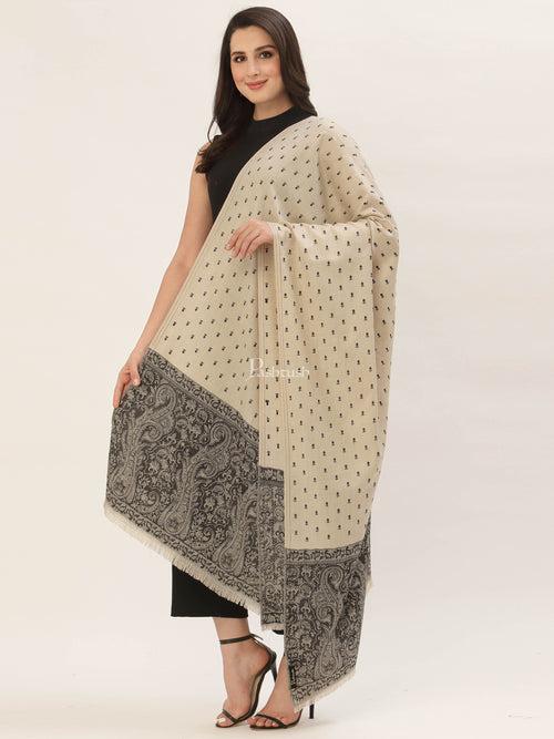 Pashtush His And Her Gift Set Of Fine Wool Stole and Embroidery Shawl With Premium Gift Box Packaging, Black and Beige