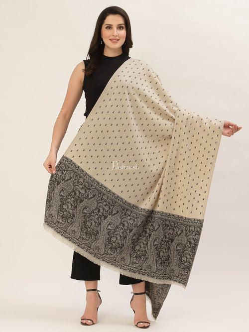 Pashtush His And Her Gift Set Of Fine Wool Stole and Embroidery Shawl With Premium Gift Box Packaging, Black and Beige