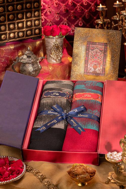 Pashtush His And Her Gift Set Of Ikkat Design Fine Wool Stoles With Premium Gift Box Packaging, Black and Maroon