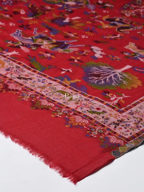 Pashtush His And Her Set Of 100% Pure Wool Printed Stole and Shikaardar Shawl With Wooden Chester Box, Multicolour and Red