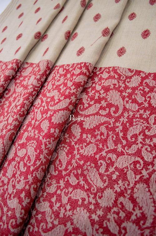 Pashtush Mens Embroidery Stole, Jacquard Palla, Fine Wool, Beige and Red