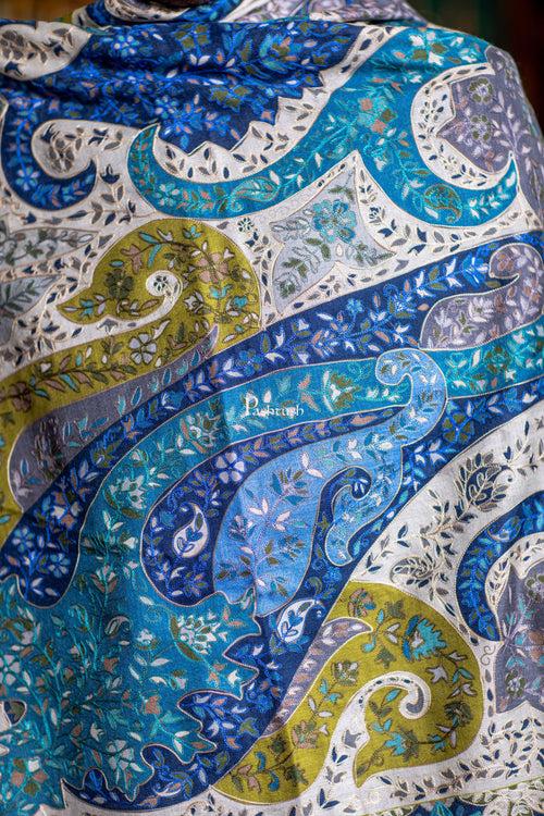 Pashtush Mens Extra Fine Wool Shawl, Hand Embroidered Kalamkari Design, Azure Blue