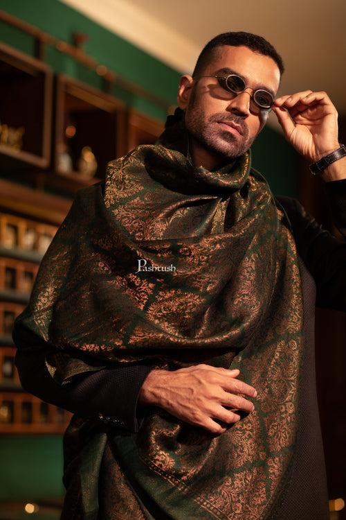 Pashtush Mens Fine Wool Stole, Twilight Collection with Metallic Weave, Emerald Green