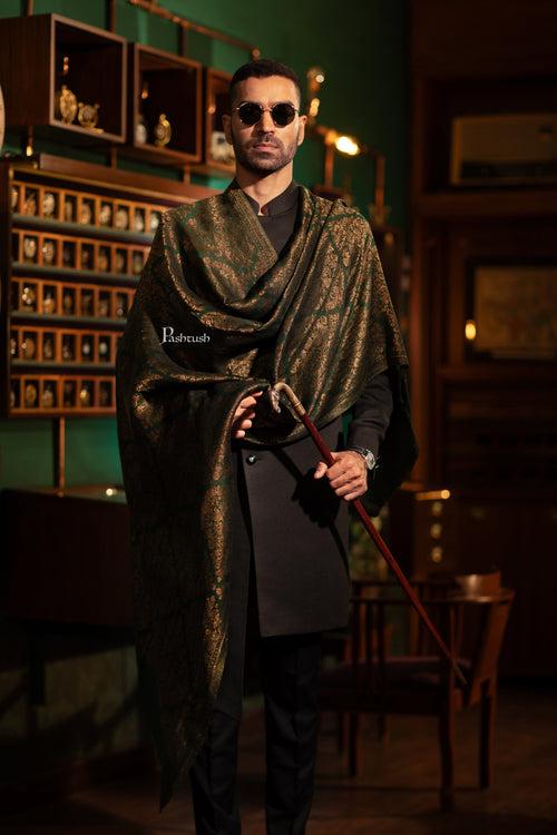 Pashtush Mens Fine Wool Stole, Twilight Collection with Metallic Weave, Emerald Green