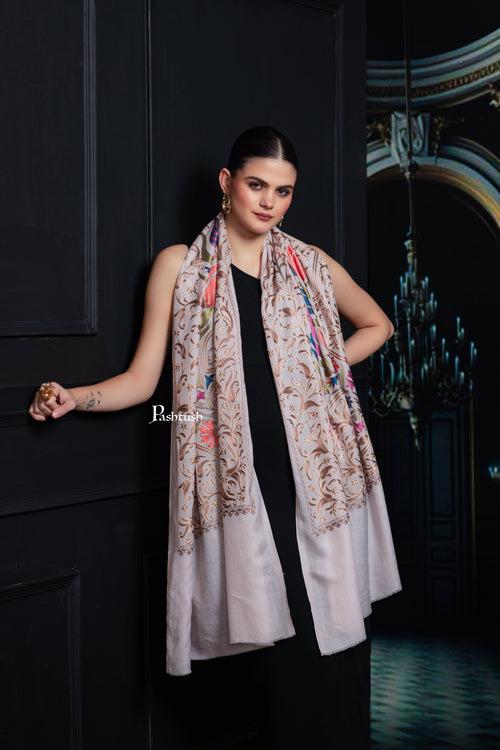 Pashtush Tres Chic Regal Collection, Floral Embroidery, Extra Soft Fine Wool Stole, Scarf, Soft Pink