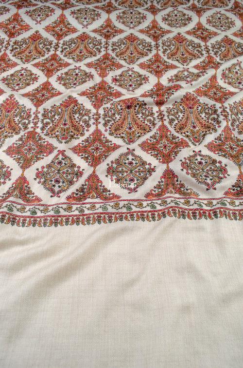 Pashtush Womens Extra Fine Wool Shawl, Embroidery Kashmiri Jaal Design, Beige