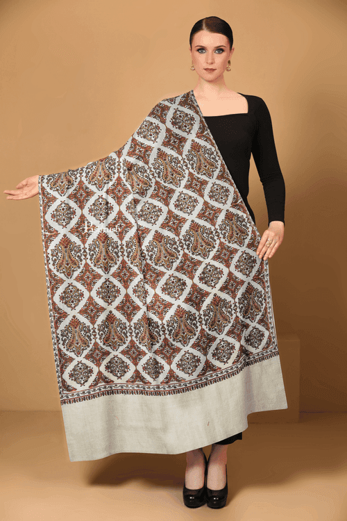 Pashtush Womens Extra Fine Wool Shawl, Embroidery Kashmiri Jaal Design, Beige