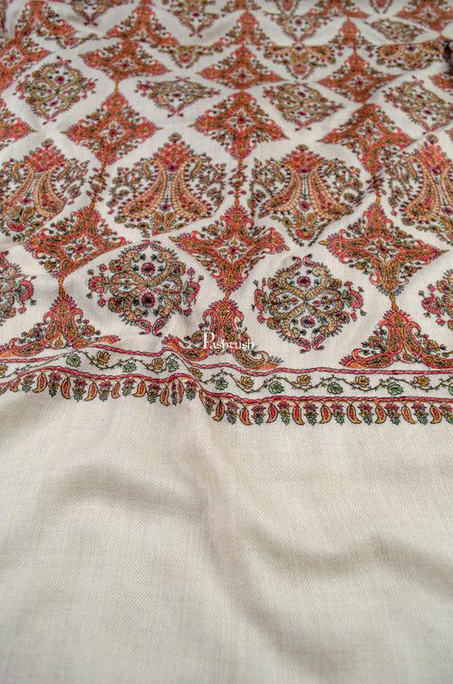 Pashtush Womens Extra Fine Wool Shawl, Embroidery Kashmiri Jaal Design, Beige