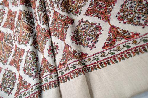 Pashtush Womens Extra Fine Wool Shawl, Embroidery Kashmiri Jaal Design, Beige