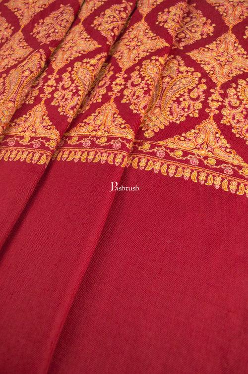 Pashtush Womens Extra Fine Wool Shawl, Embroidery Kashmiri Jaal Design, Maroon