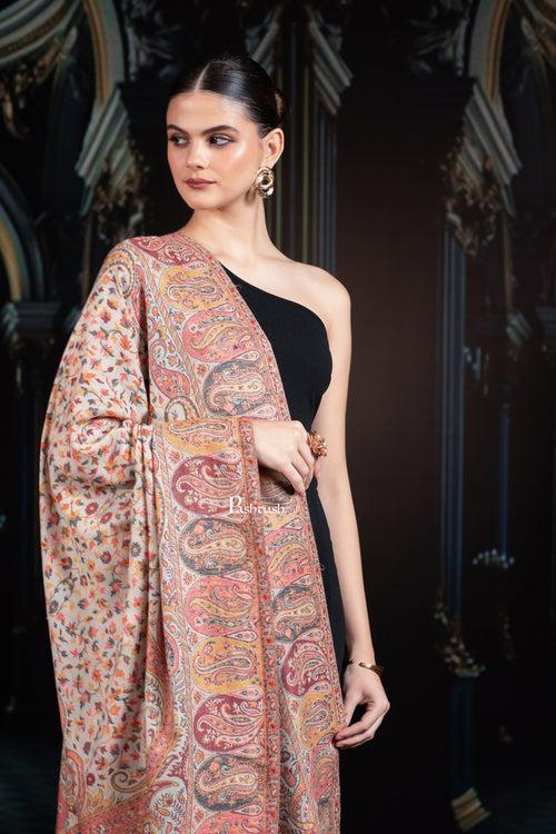 Pashtush Womens Extra Fine Wool Shawl, Ethnic Weave Design, Natural Beige