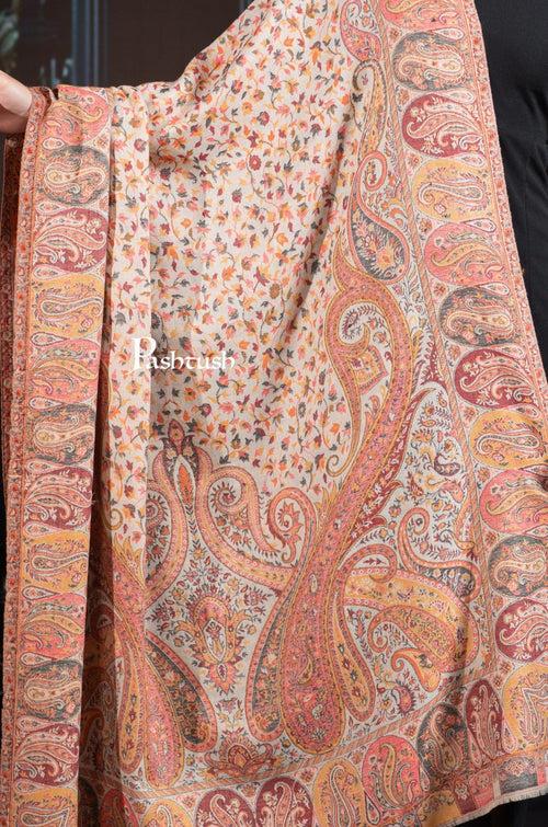 Pashtush Womens Extra Fine Wool Shawl, Ethnic Weave Design, Natural Beige