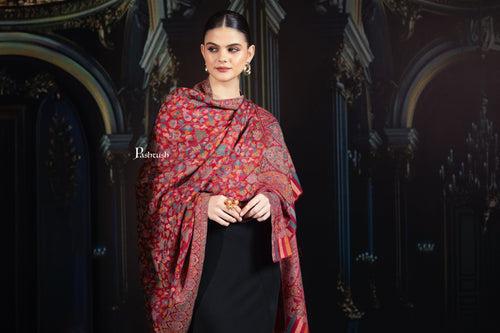 Pashtush Womens Extra Fine Wool Shawl, Ethnic Weave Jaal Design, Crimson Maroon