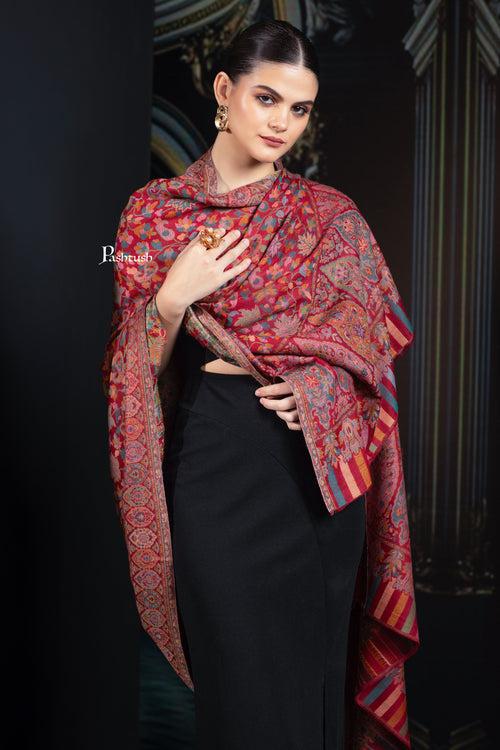Pashtush Womens Extra Fine Wool Shawl, Ethnic Weave Jaal Design, Crimson Maroon