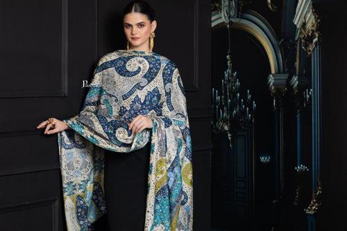 Pashtush Womens Extra Fine Wool Shawl, Hand Embroidered Kalamkari Design, Azure Blue