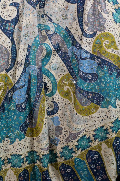 Pashtush Womens Extra Fine Wool Shawl, Hand Embroidered Kalamkari Design, Azure Blue