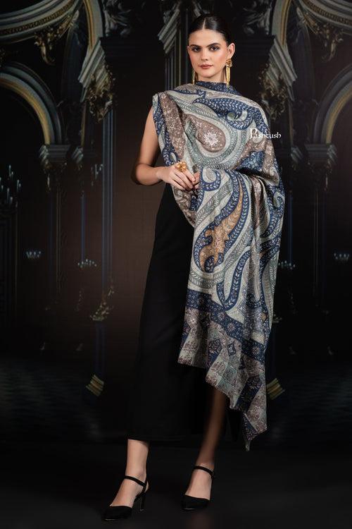 Pashtush Womens Extra Fine Wool Shawl, Hand Embroidered Kalamkari Design, Teal Grace