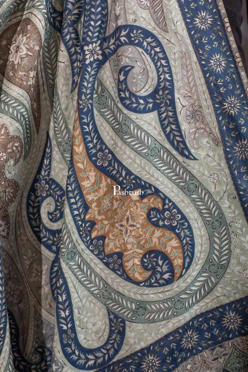 Pashtush Womens Extra Fine Wool Shawl, Hand Embroidered Kalamkari Design, Teal Grace